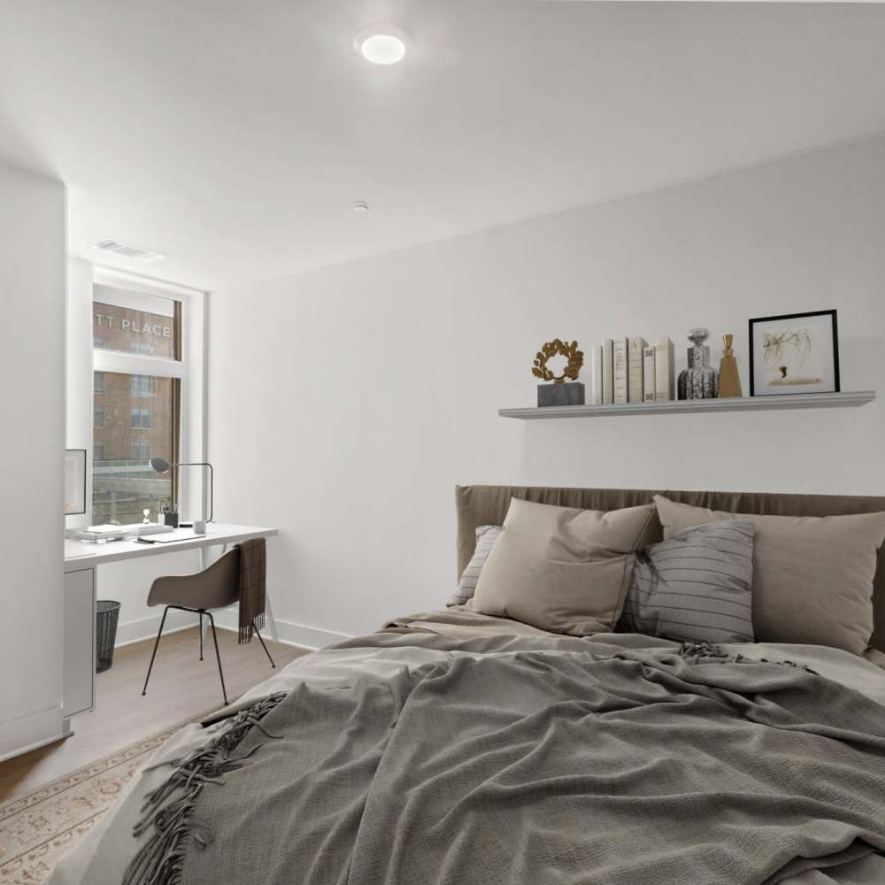 Model bedroom at The Elysian at Stonefield in Charlottesville, Virginia