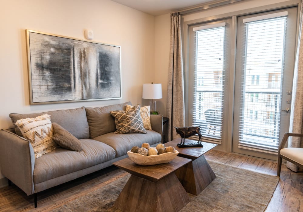 Well decorated living room at Shelby at Northside in Fort Worth, Texas