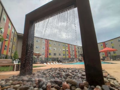 Poolside fountain at Terra at University North Park in Norman, Oklahoma