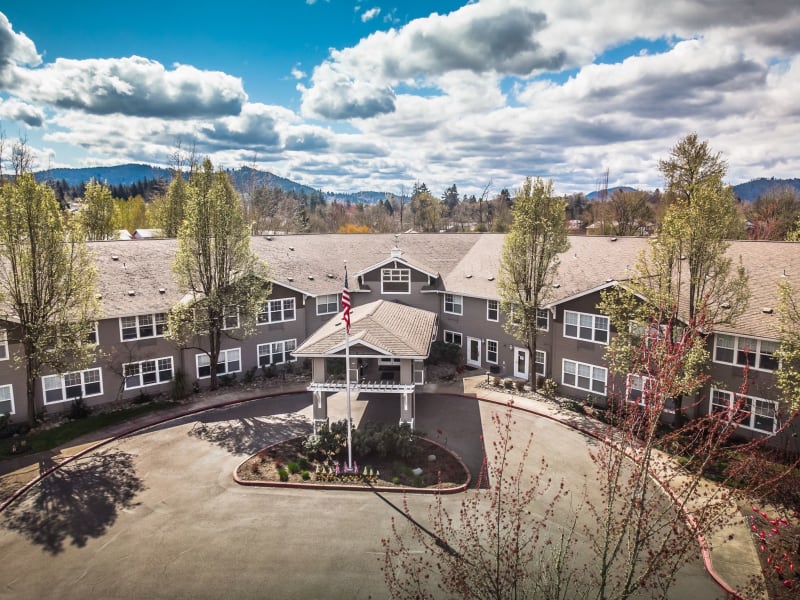 Aerial exterior of entrance to Woodside Senior Living in Springfield, Oregon