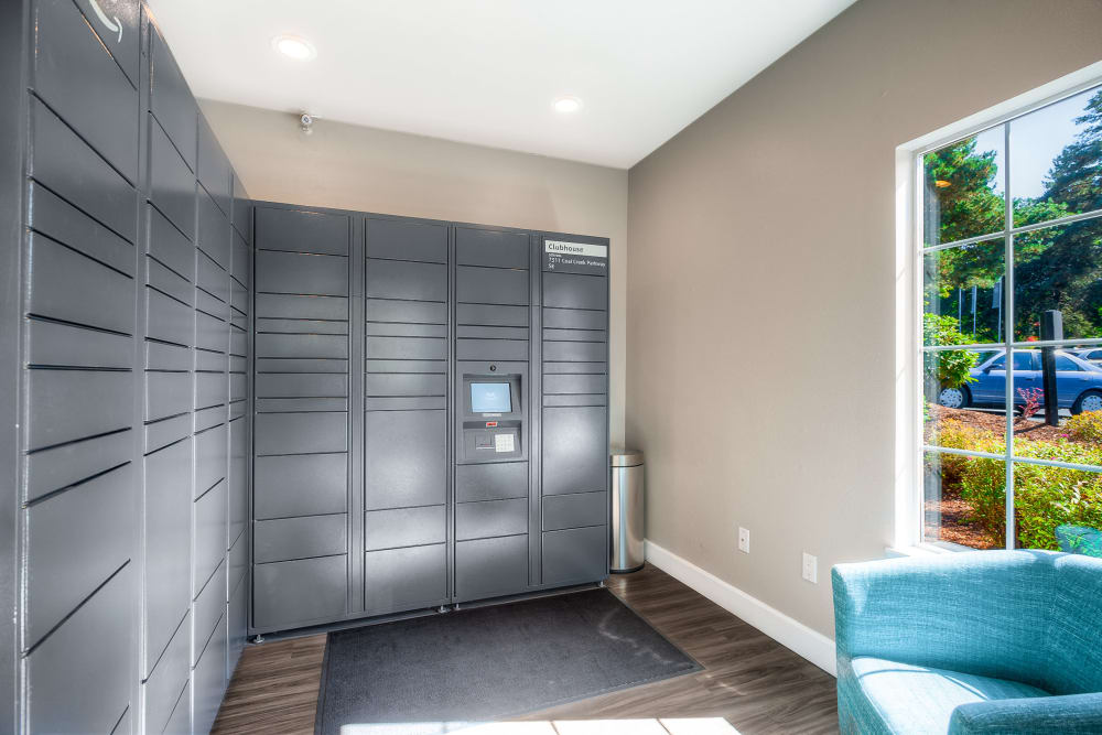 24-hour package lockers at Newport Crossing Apartments in Newcastle, Washington