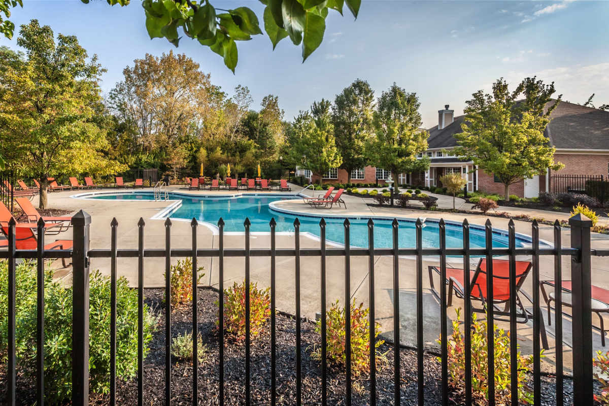 Beautiful landscaping near the pool at Summerwood on Towne Line, Indianapolis, Indiana 