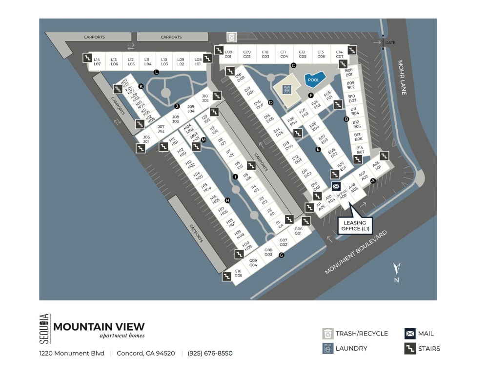 Community site map for Mountain View Apartments in Concord, California