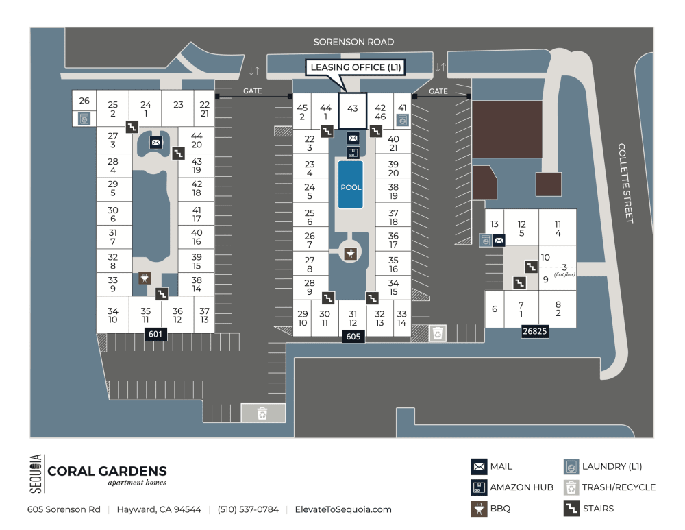 Community site map for Coral Gardens Apartment Homes in Hayward, California