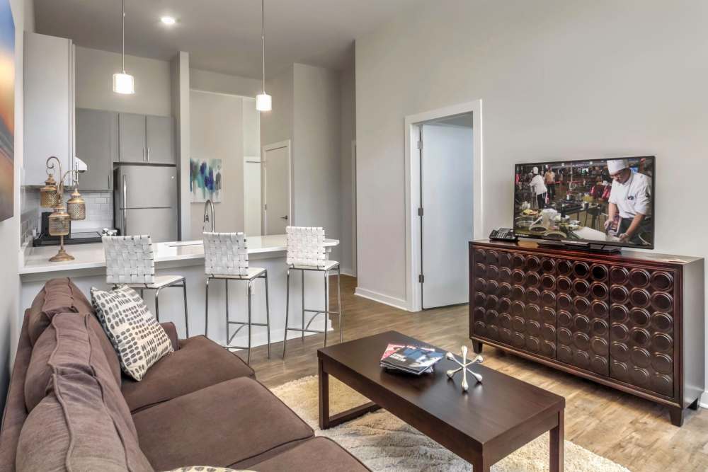 Furnished living room of a stylish luxury apartment home at 300 Optimist Park in Charlotte, North Carolina 