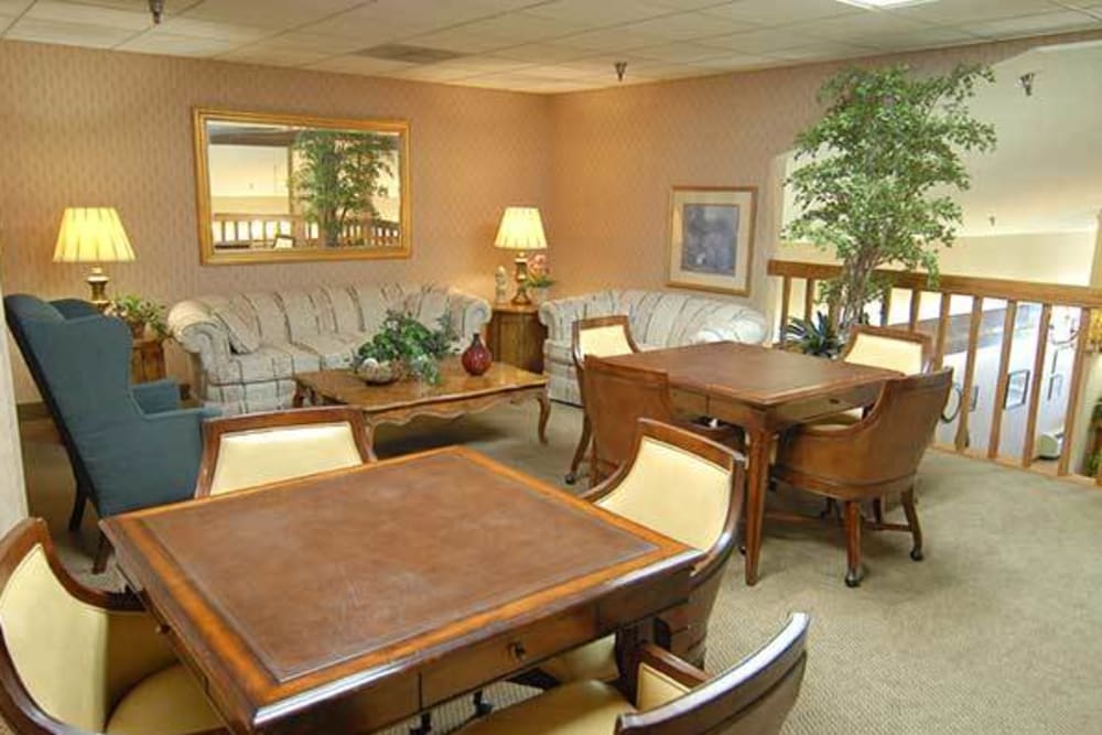 Lots of tables to socialize and play games at River Commons Senior Living in Redding, California