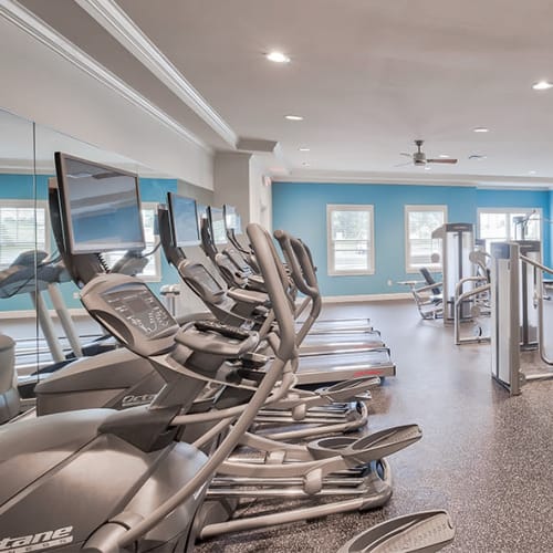 Cardio machines in the high-tech fitness center at Rochester Village Apartments at Park Place in Cranberry Township, Pennsylvania