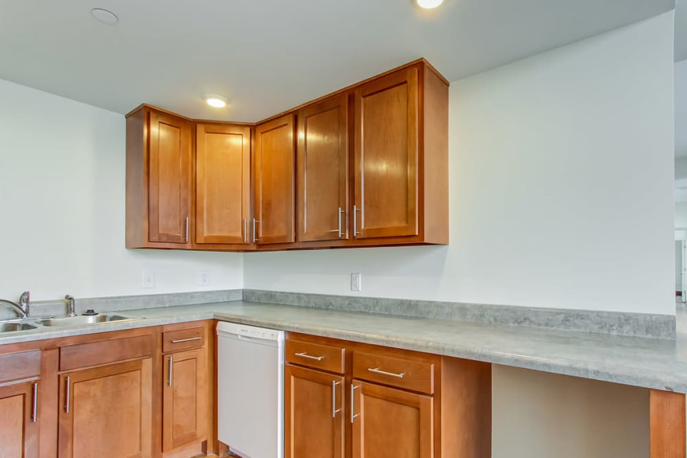 Modern kitchen with wooden cabinets at 43 Town Square in Lima, Ohio