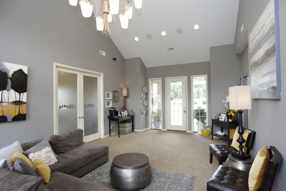 A spacious and modern lobby at Alvadora Apartments in Lawrence, Kansas