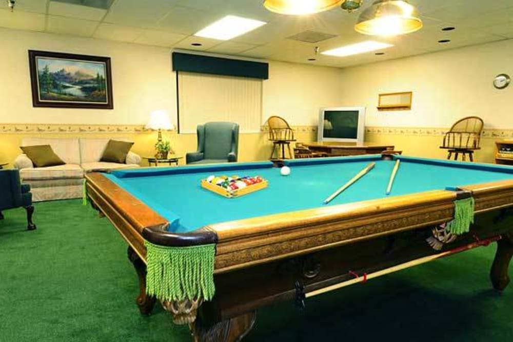 Pool table in the game room at River Commons Senior Living in Redding, California