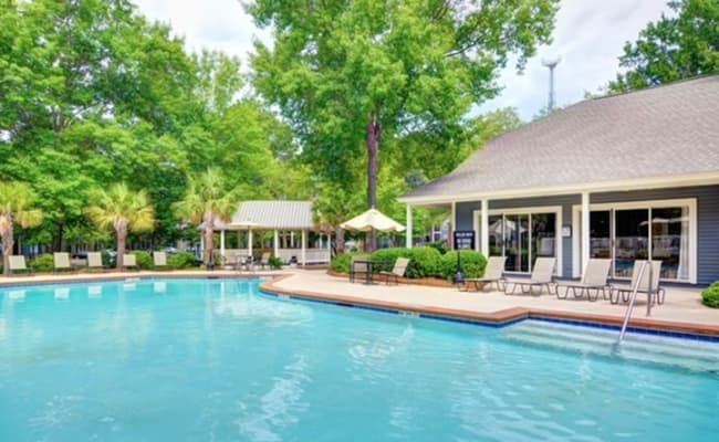 Swimming pool with lounge chairs in a lush wooded setting at St. Andrews Commons Apartments in Columbia, South Carolina