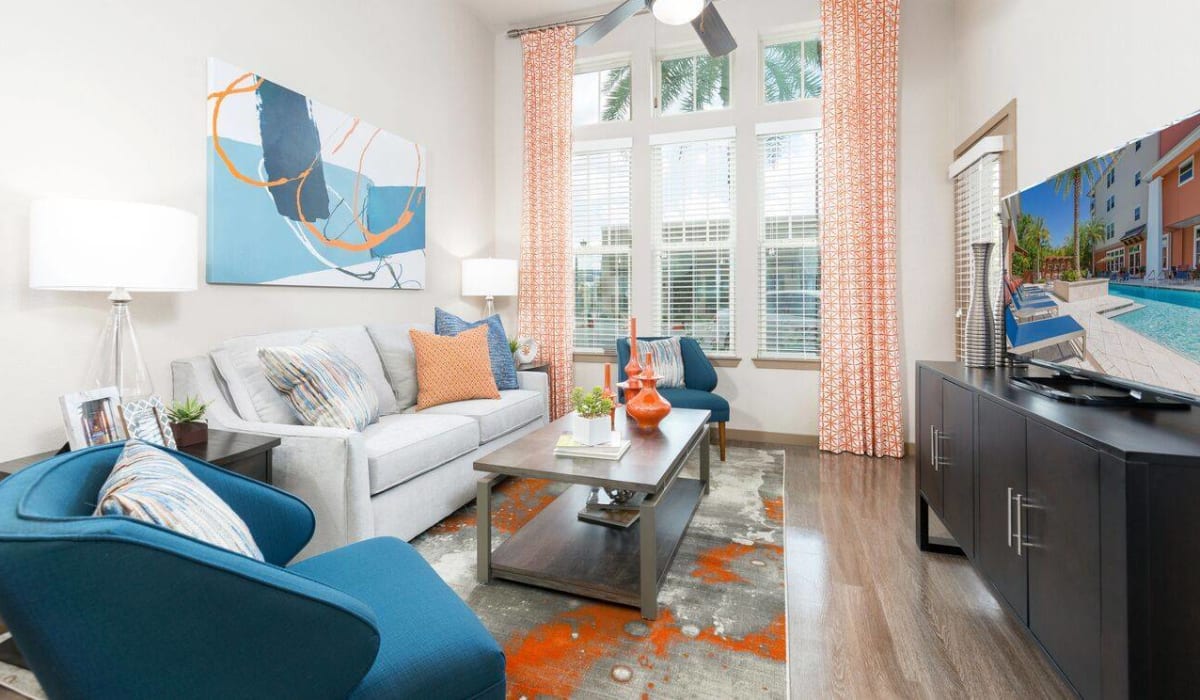 Living room and kitchen at Station House at Lake Mary in Lake Mary, Florida