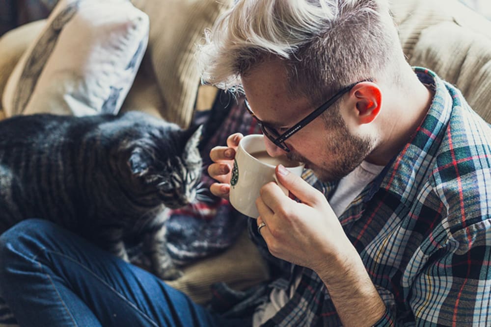 Resident enjoying his coffee with cat on his lap in his living room at 1010 Pacific Apartments