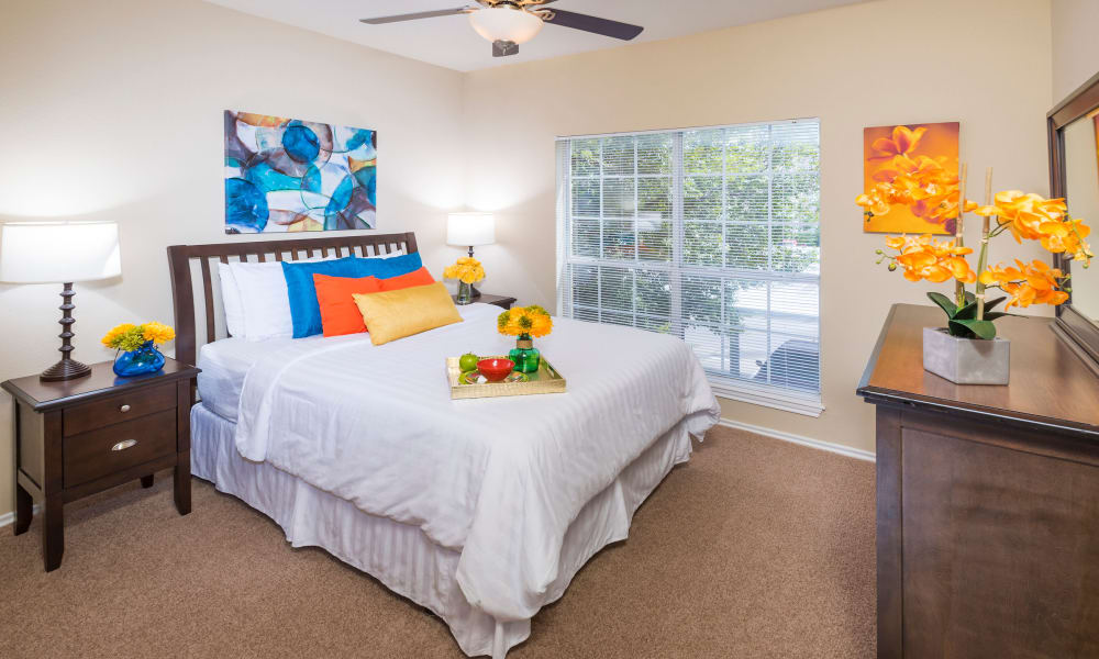 Cozy bedroom at Stoneybrook Apartments & Townhomes in San Antonio, Texas