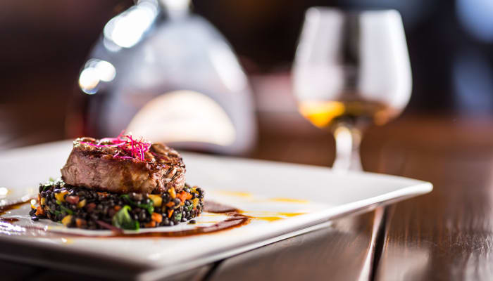ornate steak dish served at The Springs at Lake Oswego in Lake Oswego, Oregon