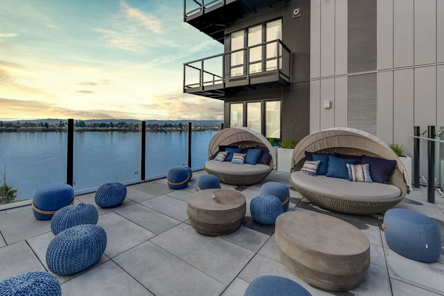 Sunset river view from a balcony The Columbia at the Waterfront in Vancouver, Washington