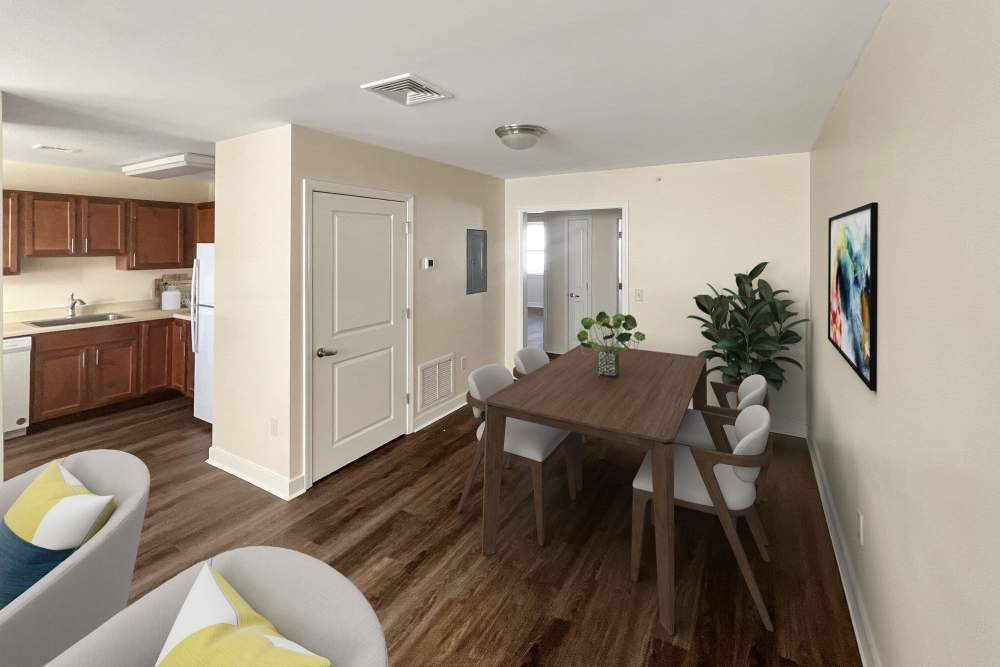 Quiet dining area with wood-style flooring at Stony Brook Village in Westford, Massachusetts