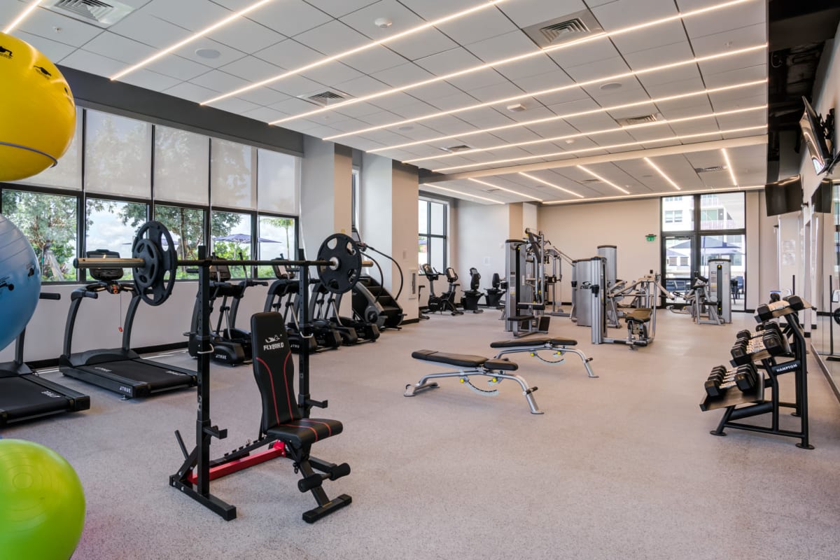 Inside the fitness center at MB Station in Miami, Florida