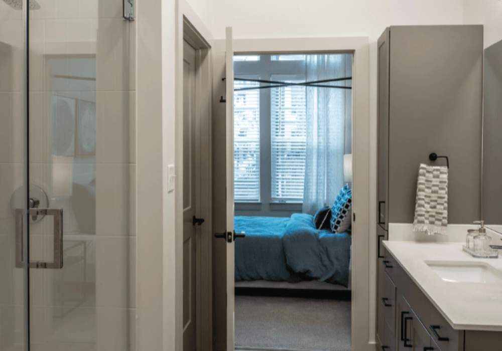 Bathroom attached to bedroom at The Everly at Rouzan in Baton Rouge, Louisiana