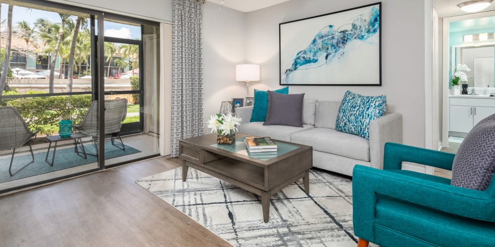 Access to your private patio from living room at The EnV in Hollywood, Florida