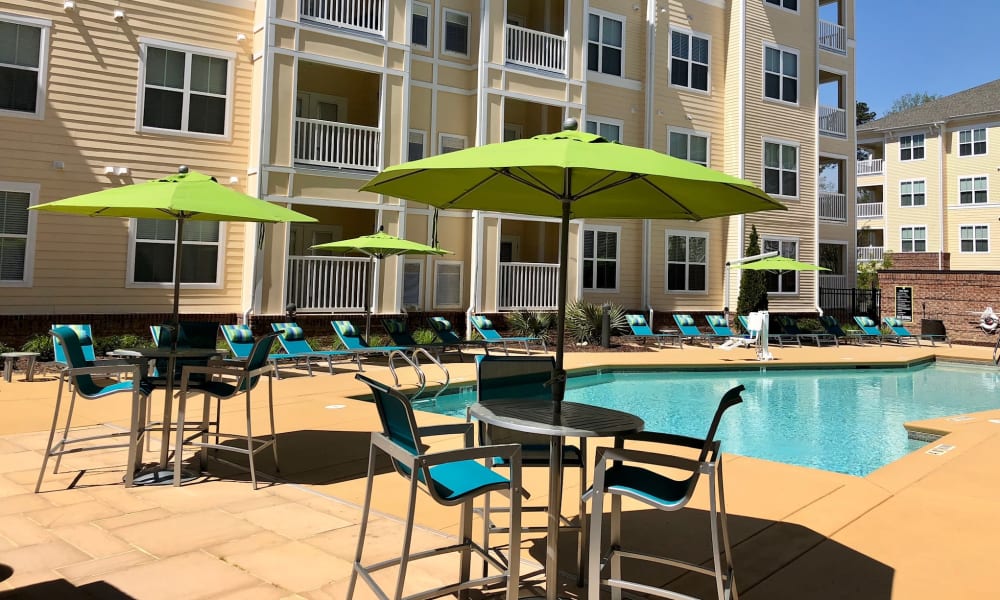 Umbrella chairs poolside at Level at 401 in Raleigh, North Carolina