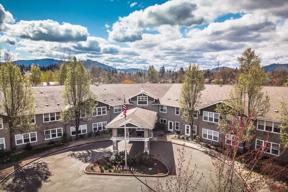 Aerial exterior of entrance to Woodside Senior Living in Springfield, Oregon