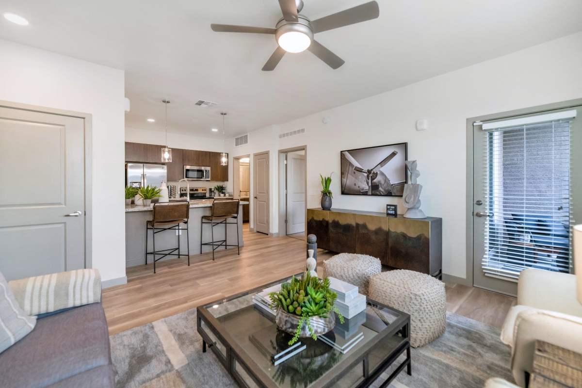 Model apartment with wood-style flooring at Hangar at Thunderbird, Glendale, Arizona