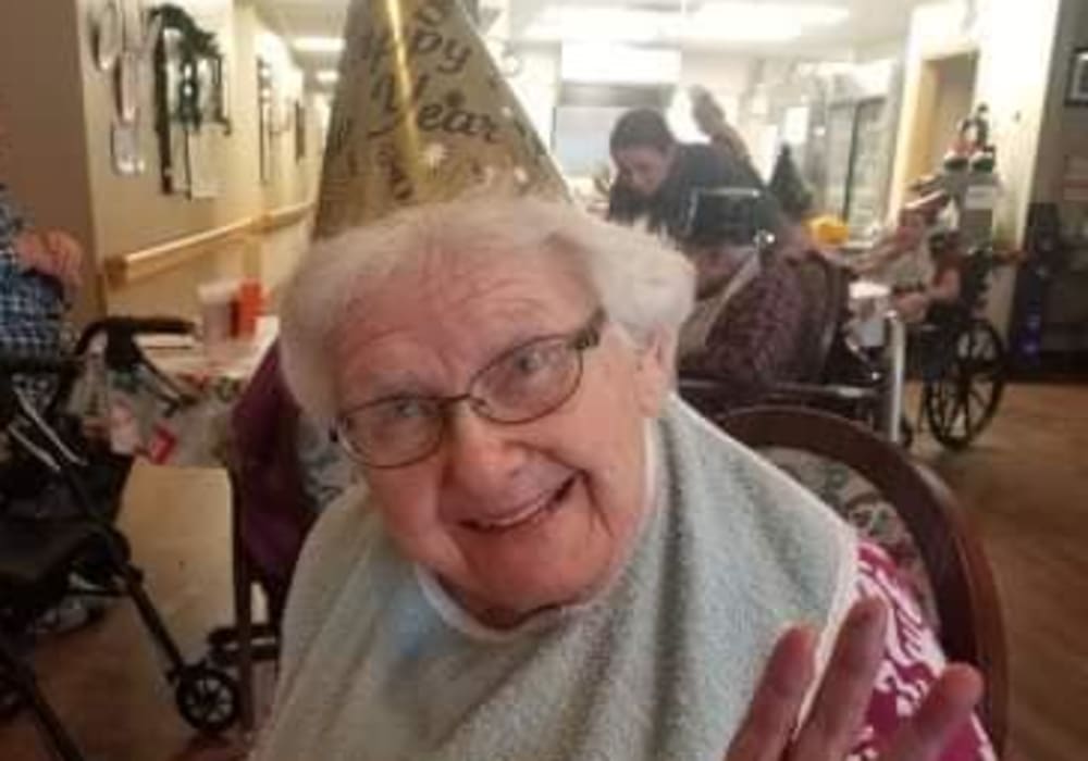 Resident celebrating New Year's at Wellington Place at Whiting in Stevens Point, Wisconsin