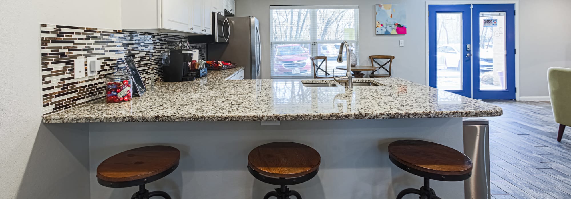 Bar stools in the clubhouse kitchen at Retreat at 2818 in Bryan, Texas