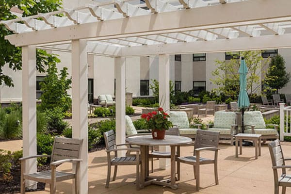 Patio with pergola and sitting area at First & Main of New Albany in New Albany, Ohio