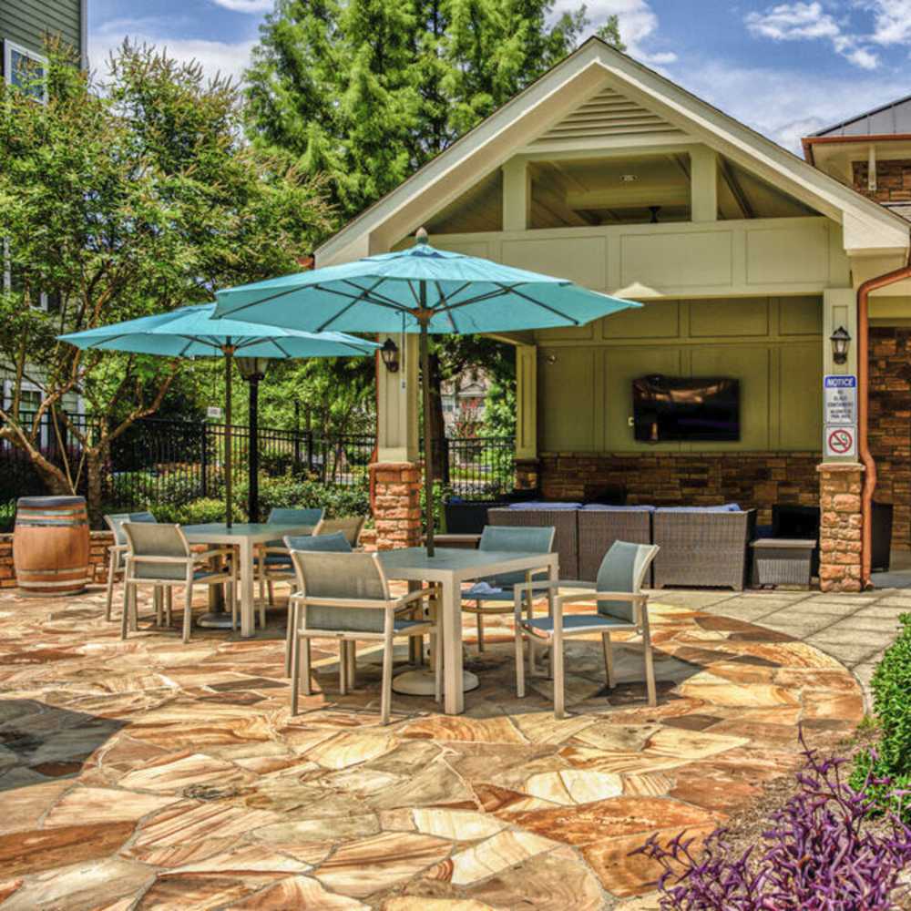 Pocket parks with grilling station at Avonlea Towne Lake in Woodstock, Georgia