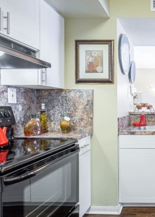 Black appliances and white cabinets in an apartment kitchen at Palmetto Place in Miami, Florida