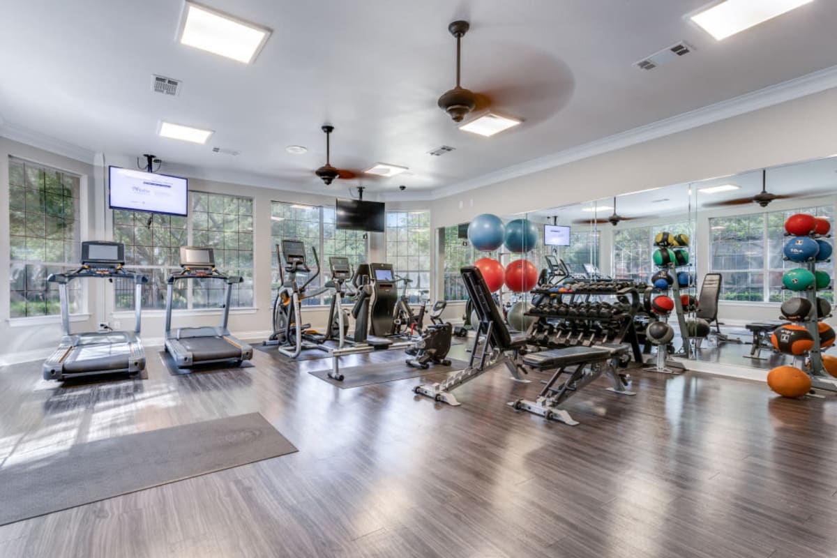 Inside the fitness center at Sycamore Springs in Austin, Texas