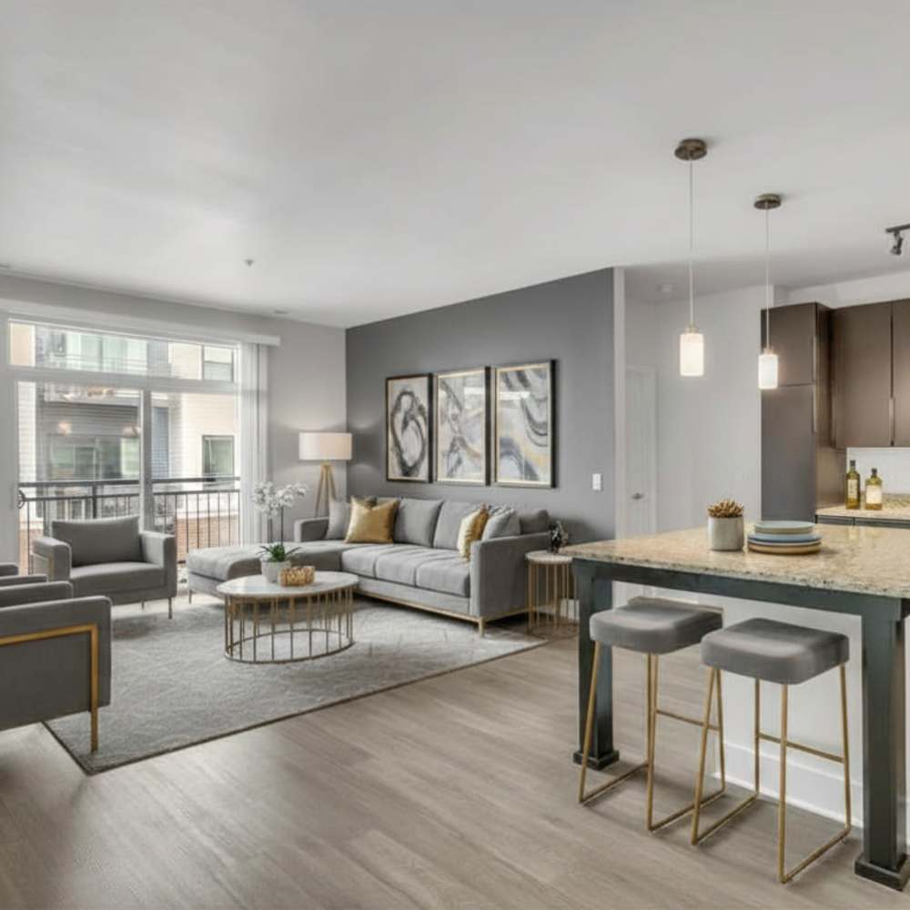 Living room with balcony at Lofts2 in Kenosha, Wisconsin