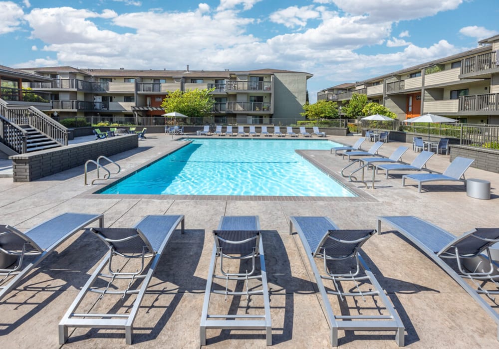 Sparkling pool surrounded by chairs at Harbor Cove Apartments in Foster City, California