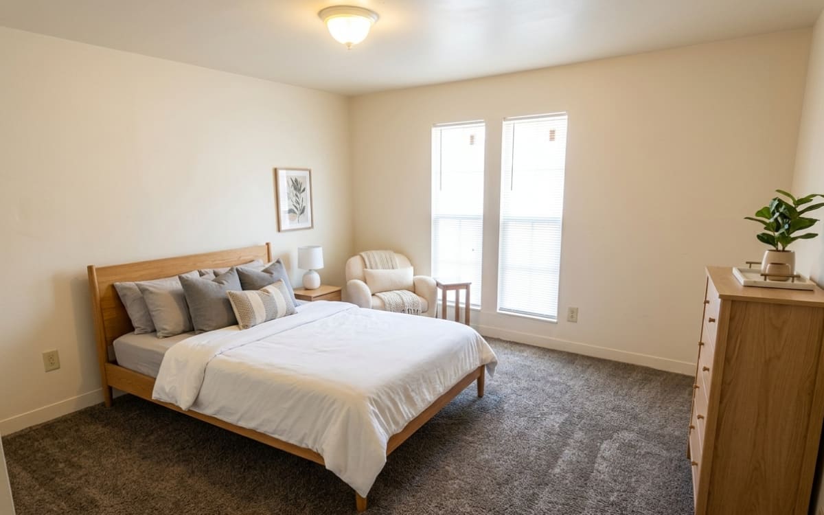 Bedroom with wooden flooring a