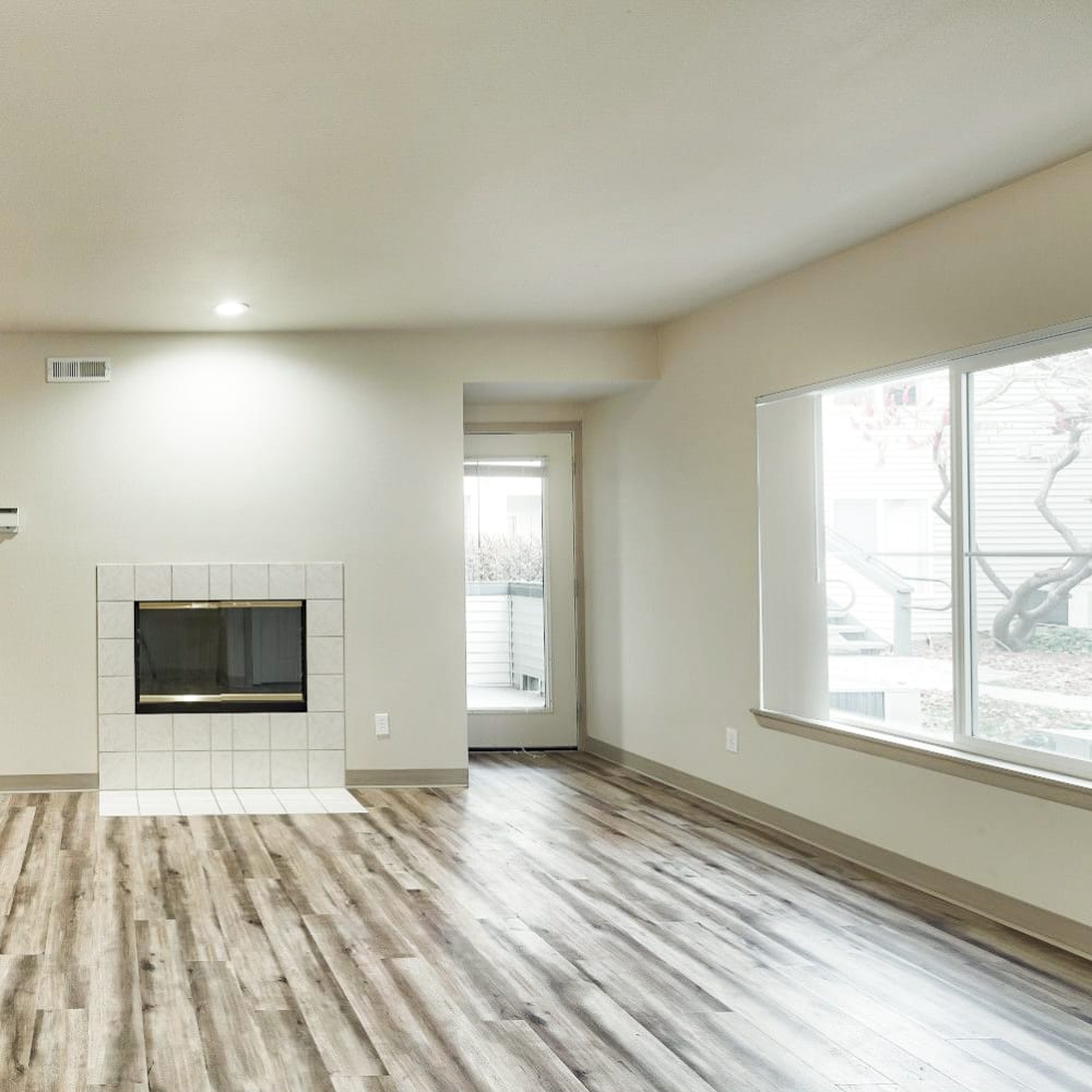 Fireplace and large window in living room