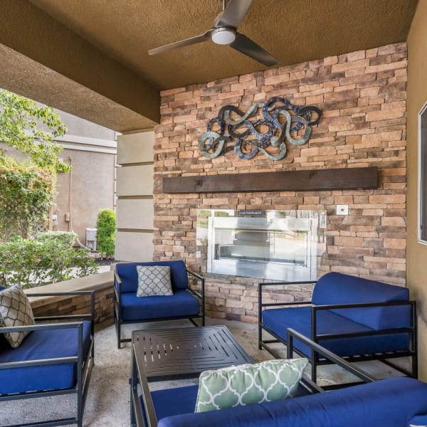 Outdoor fireplace and seating at Sherwood in Folsom, California