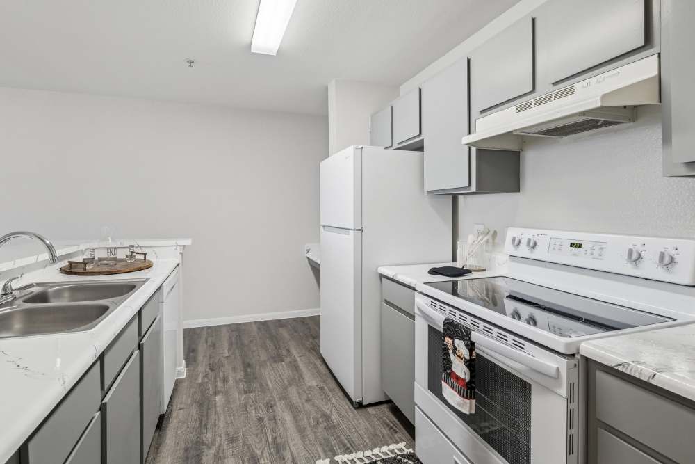 Model kitchen of an apartment at Kimberly Pointe in Houston, Texas