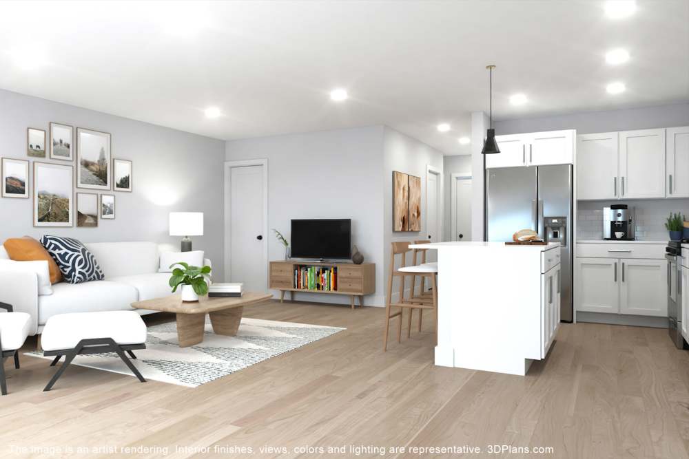 A view of the kitchen with access to the living room at Hampton Square in Cherry Hill, New Jersey