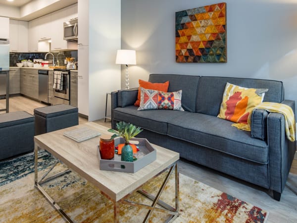 Modern decor in the open-concept living area of a model home at EVIVA Midtown in Sacramento, California