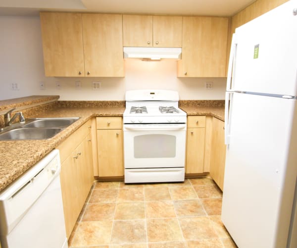 A kitchen with a dishwasher and fridge at Chesterton Townhomes in San Diego, California