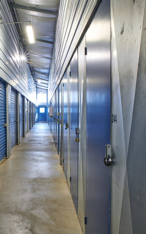 Interior hallway of heated storage at Sherlock Self Storage in Wilsonville, Oregon