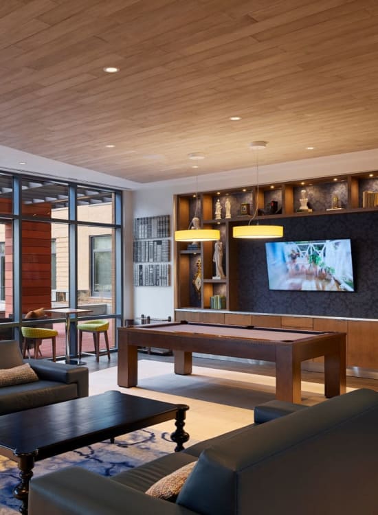 Interior seating area with Tv at Solaire 8250 Georgia in Silver Spring, Maryland