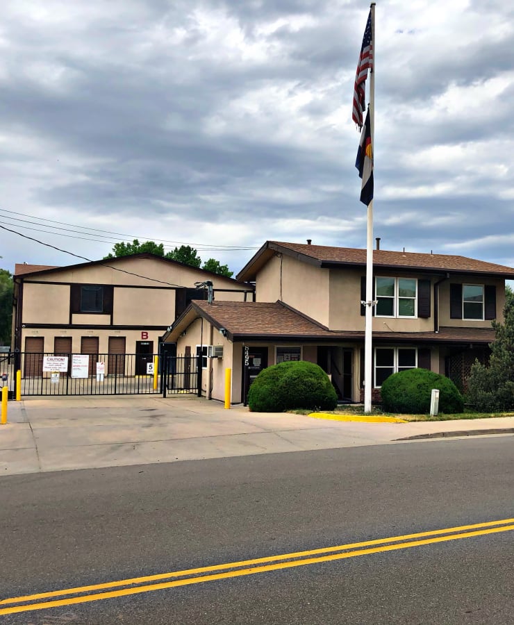 The exterior of the main entrance at StorQuest Self Storage in Arvada, Colorado