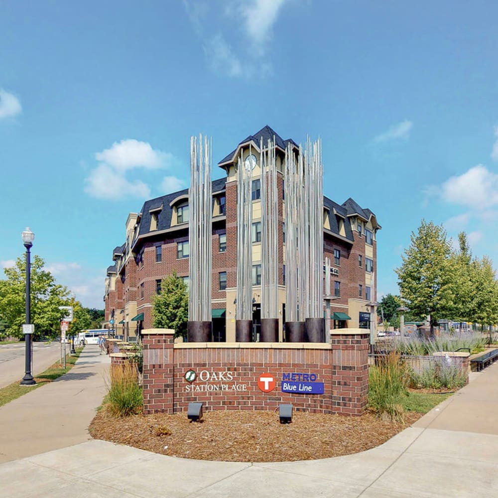 Our monument sign welcoming residents and their guests to Oaks Station Place in Minneapolis, Minnesota