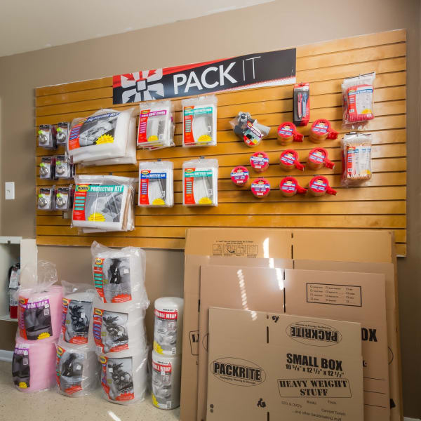 Packing supplies available in the leasing office at StorQuest Economy Self Storage in Tomball, Texas