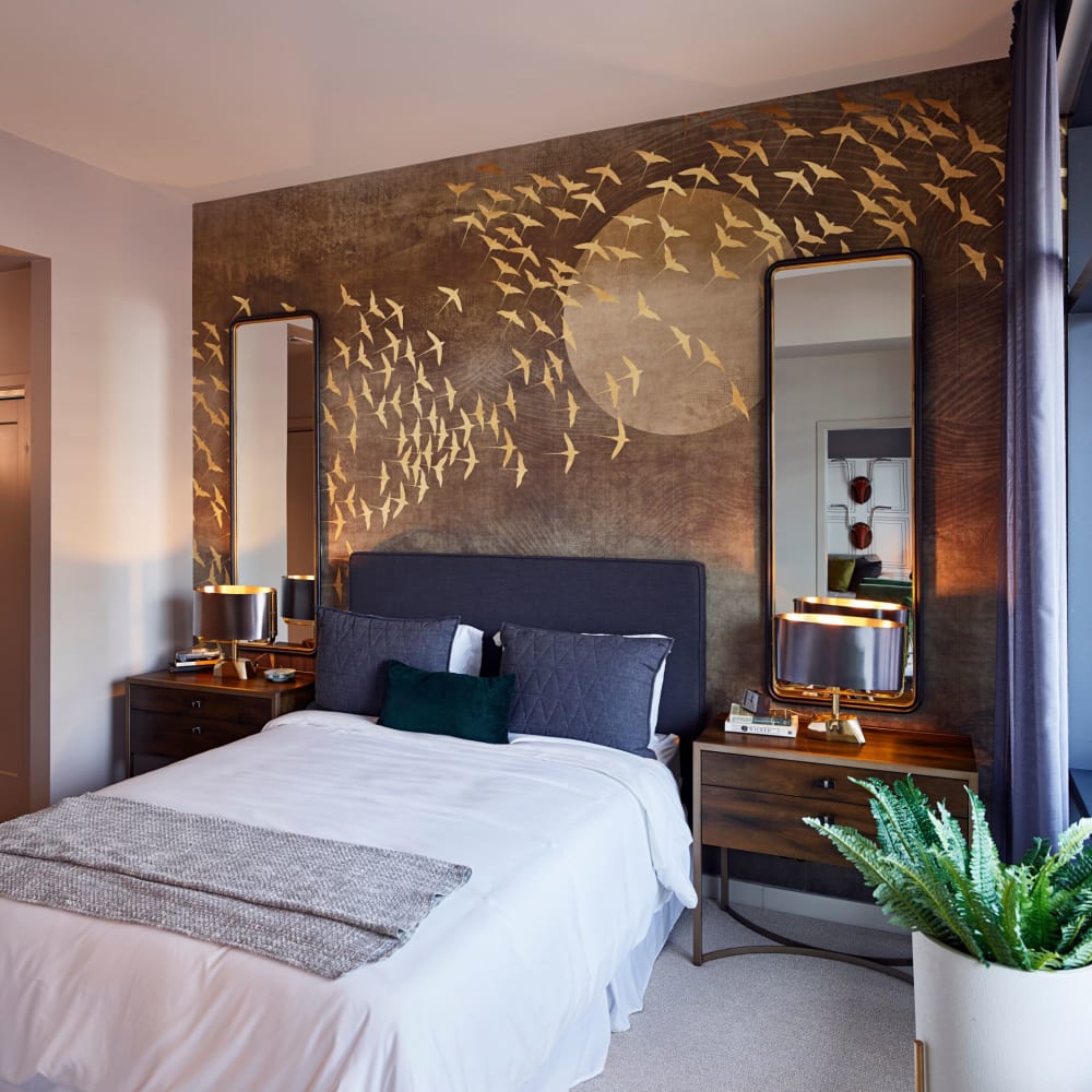 Beautifully decorated bedroom in a model home at Solaire 8250 Georgia in Silver Spring, Maryland
