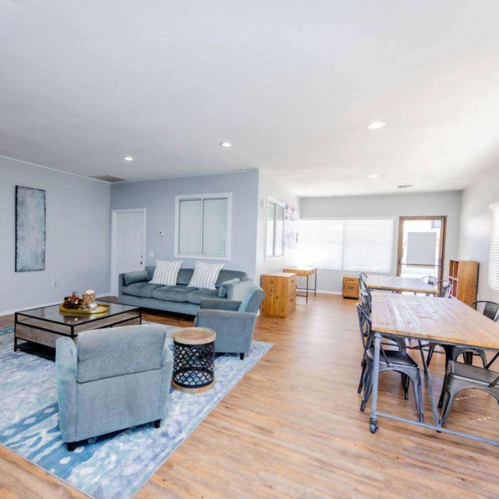 View of clubhouse with multiple seating options at Fairvalley Villa in Covina, California  