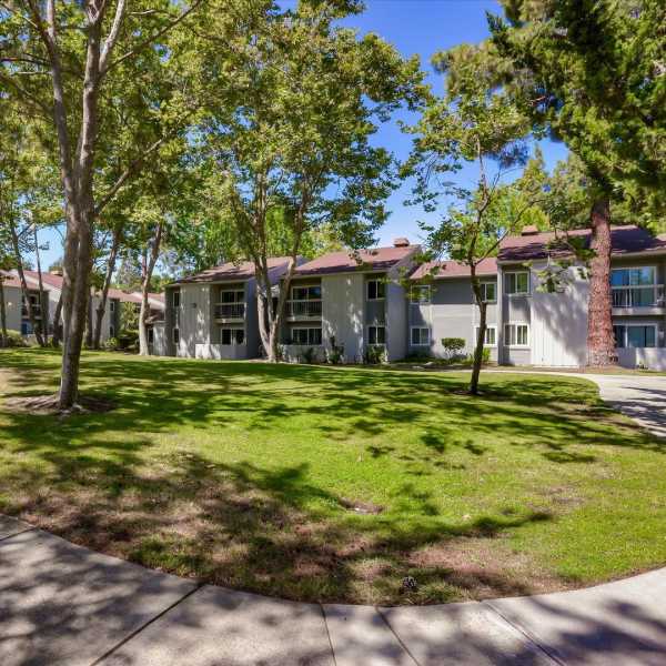 Exterior of apartments and walkways at Terman Apartments in Palo Alto, California